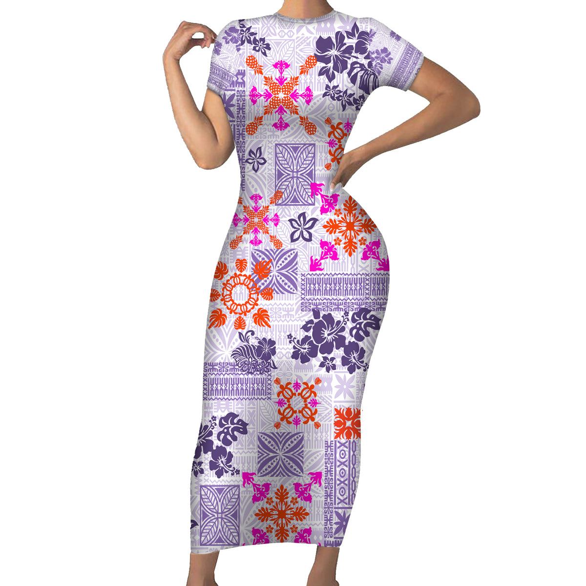 Hawaii Tapa Tribal Short Sleeve Bodycon Dress With Hawaiian Quilt Pattern Violet - Wonder Print Shop