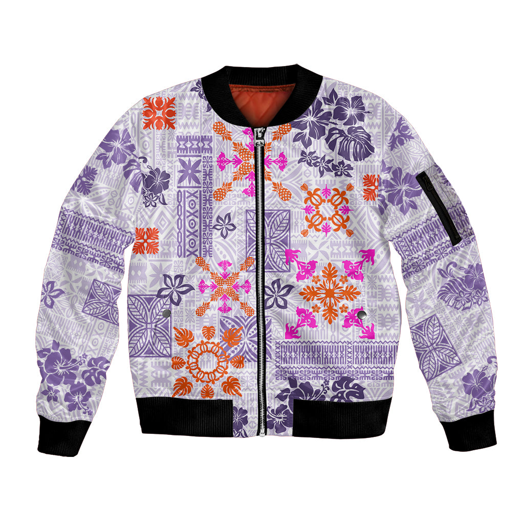 Hawaii Tapa Tribal Sleeve Zip Bomber Jacket With Hawaiian Quilt Pattern Violet - Wonder Print Shop