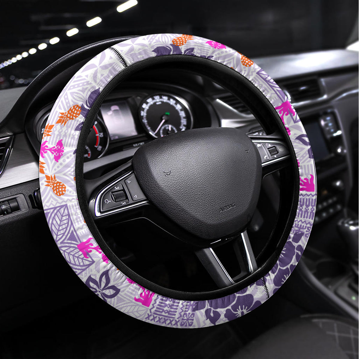 Hawaii Tapa Tribal Steering Wheel Cover With Hawaiian Quilt Pattern Violet - Wonder Print Shop