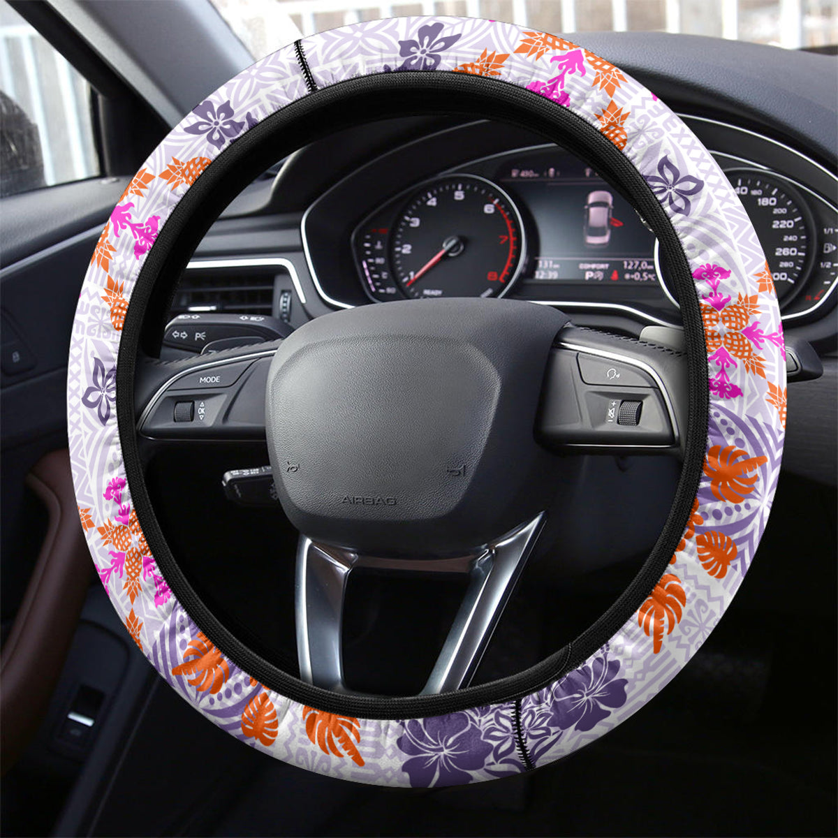 Hawaii Tapa Tribal Steering Wheel Cover With Hawaiian Quilt Pattern Violet - Wonder Print Shop