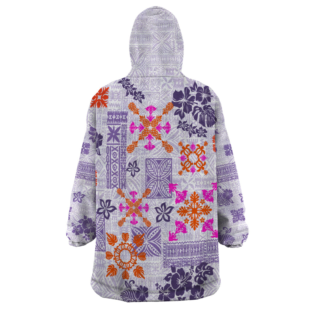 Hawaii Tapa Tribal Wearable Blanket Hoodie With Hawaiian Quilt Pattern Violet - Wonder Print Shop