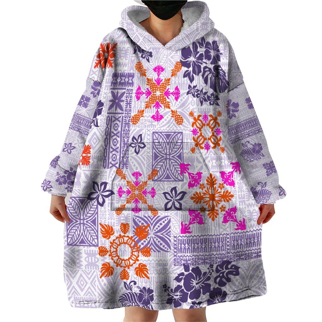 Hawaii Tapa Tribal Wearable Blanket Hoodie With Hawaiian Quilt Pattern Violet - Wonder Print Shop