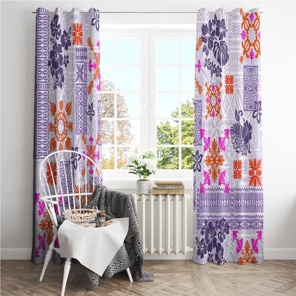 Hawaii Tapa Tribal Window Curtain With Hawaiian Quilt Pattern Violet - Wonder Print Shop