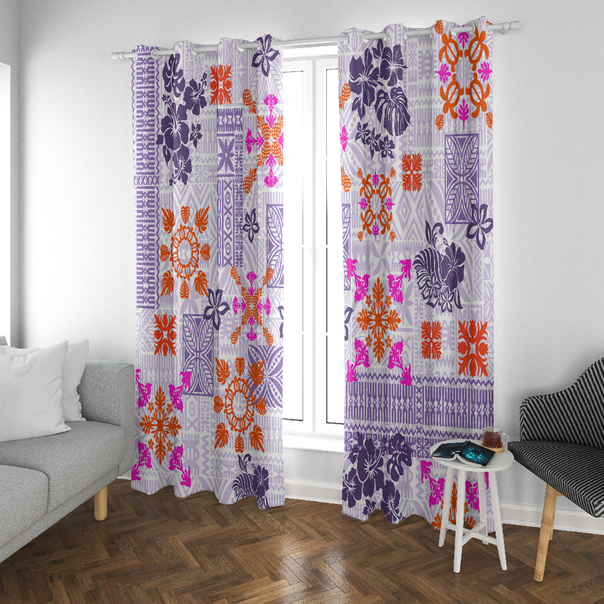 Hawaii Tapa Tribal Window Curtain With Hawaiian Quilt Pattern Violet - Wonder Print Shop