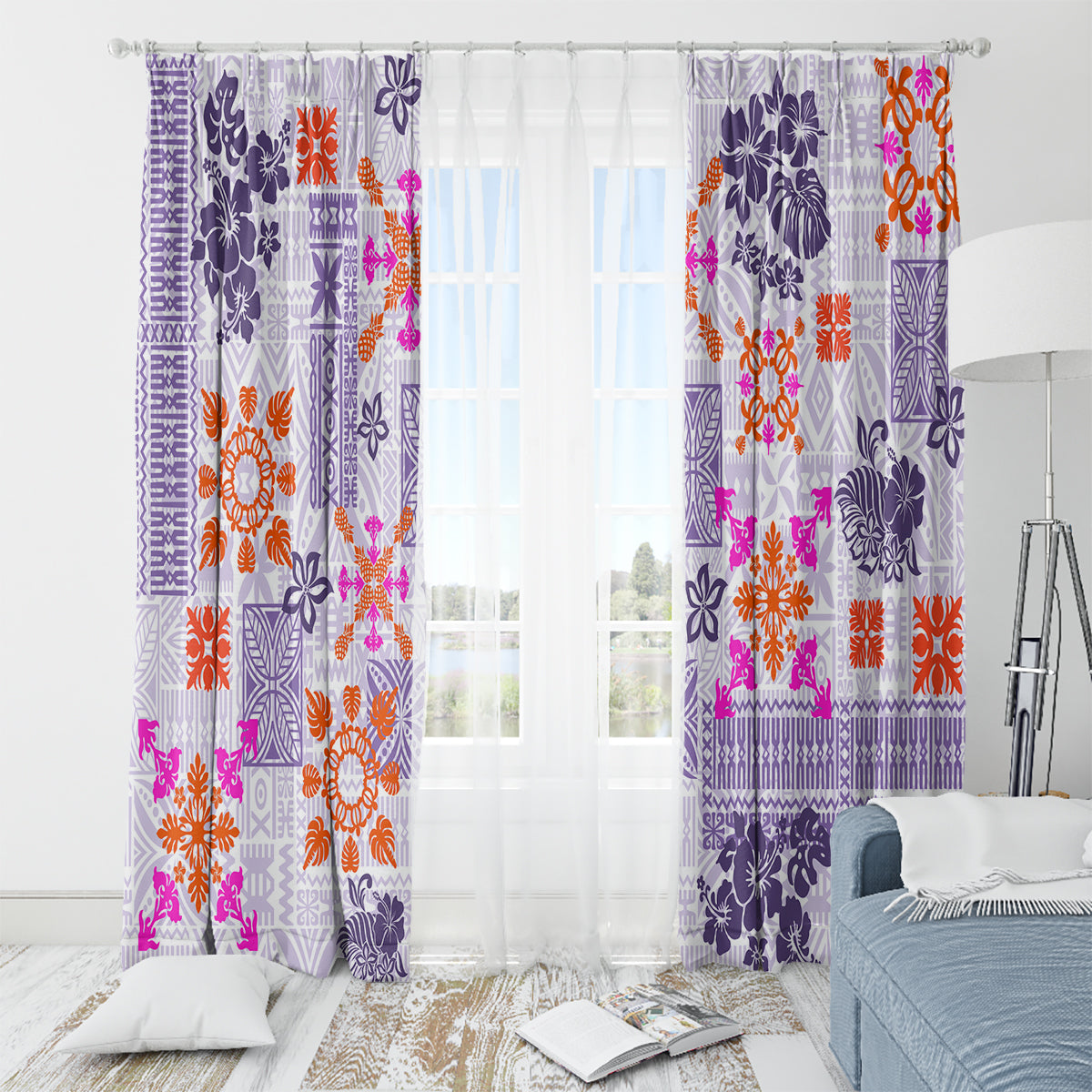 Hawaii Tapa Tribal Window Curtain With Hawaiian Quilt Pattern Violet - Wonder Print Shop