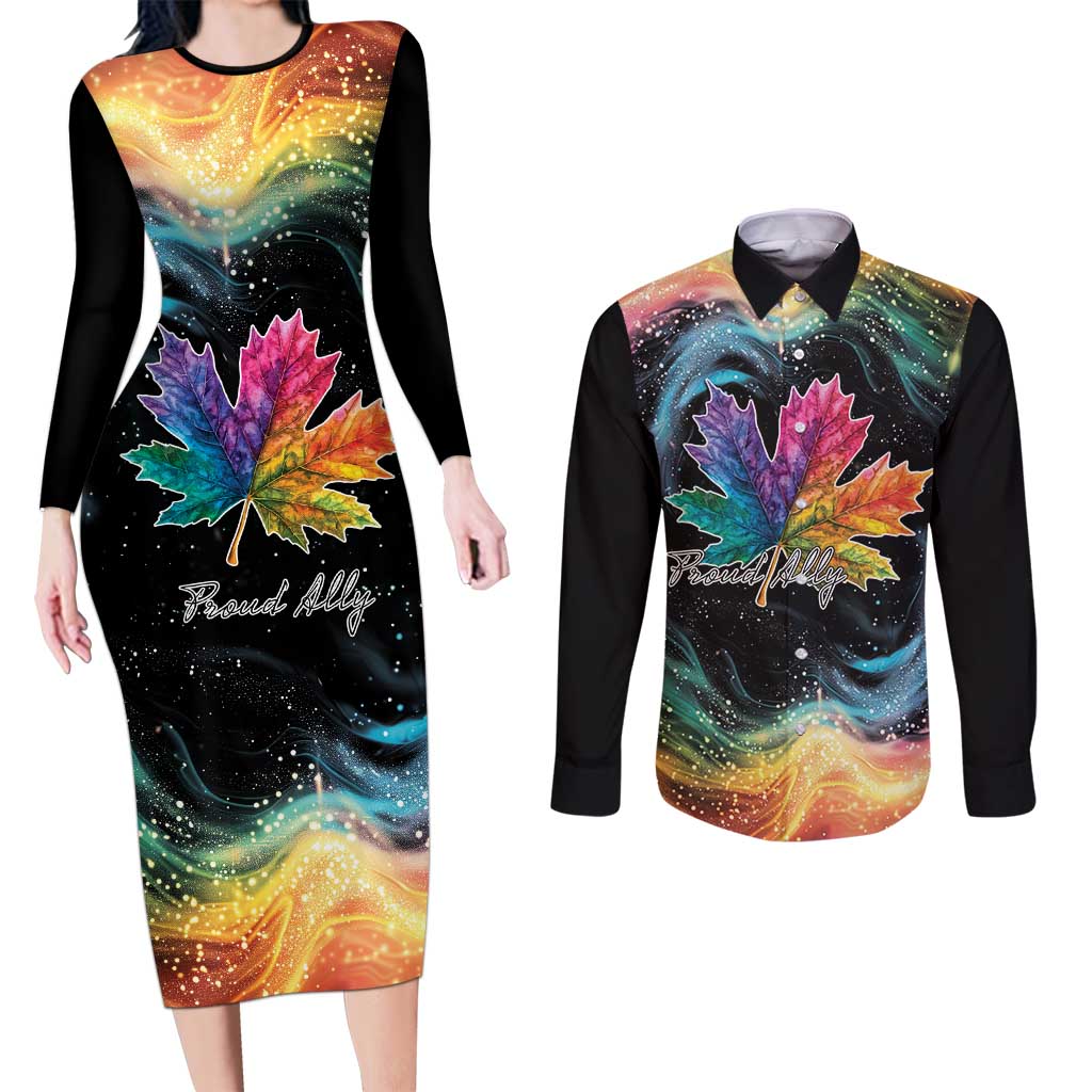 Rainbow Maple Leaf Couples Matching Long Sleeve Bodycon Dress and Long Sleeve Button Shirt Canada Pride Show Your Colors LT9 - Wonder Print Shop