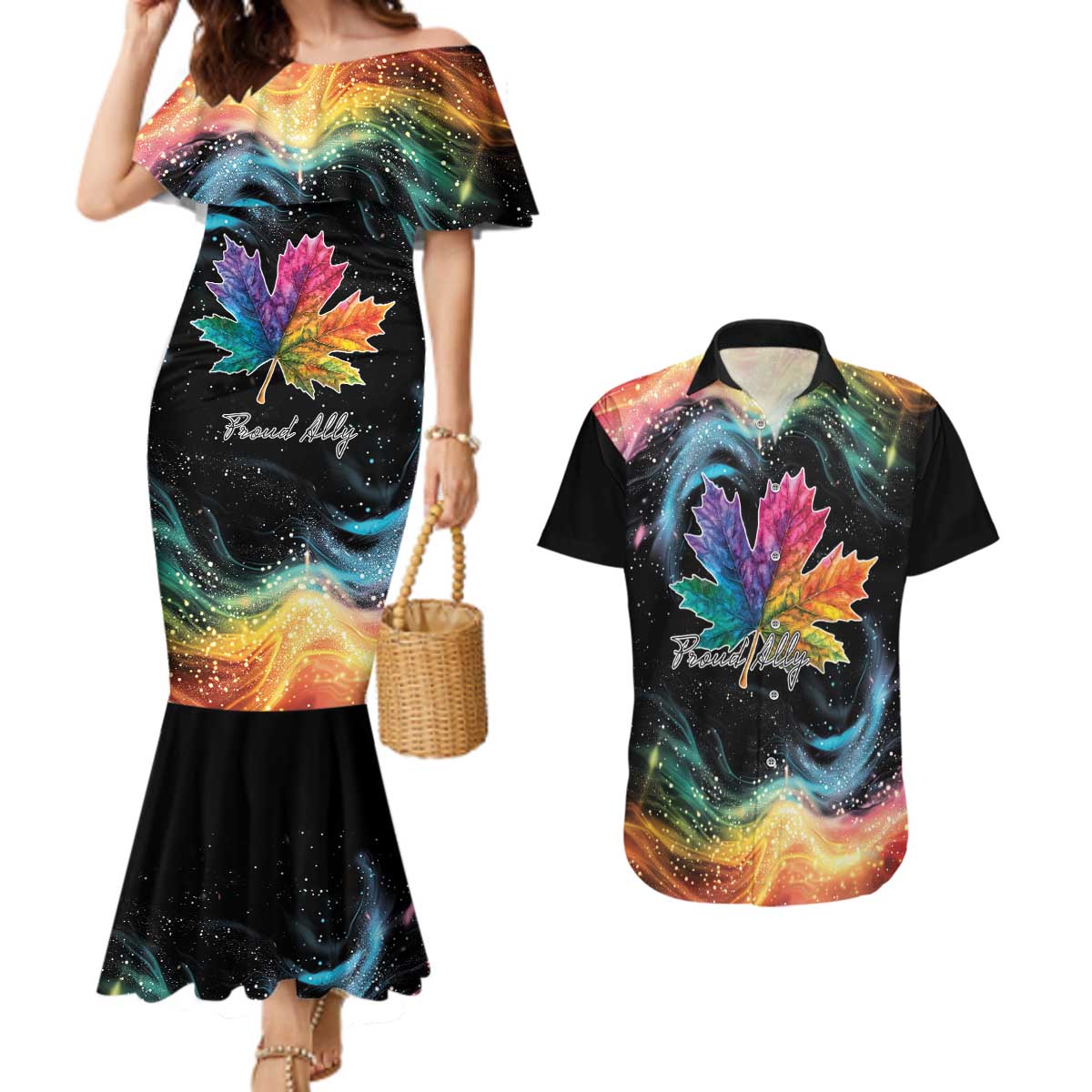 Rainbow Maple Leaf Couples Matching Mermaid Dress and Hawaiian Shirt Canada Pride Show Your Colors LT9 - Wonder Print Shop