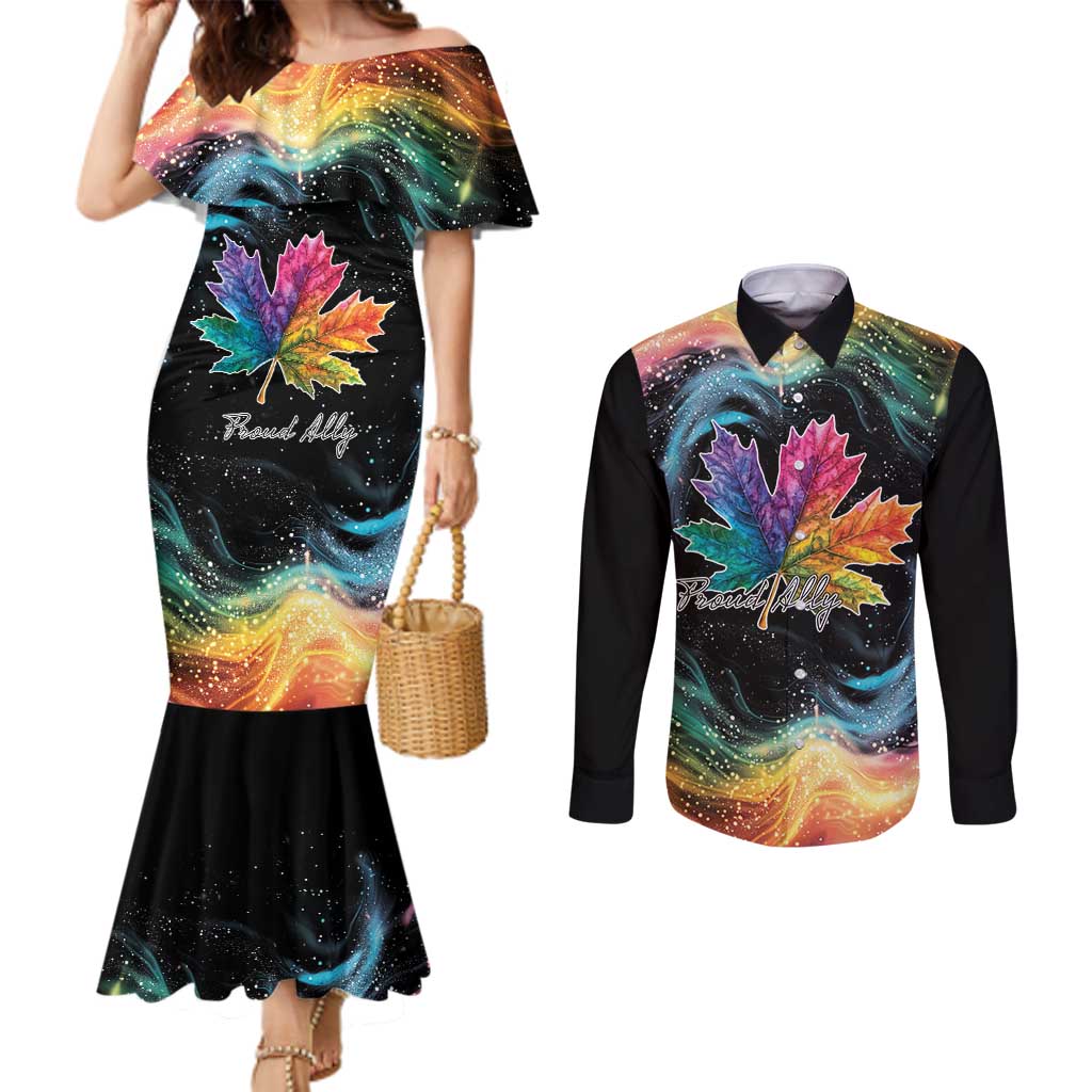 Rainbow Maple Leaf Couples Matching Mermaid Dress and Long Sleeve Button Shirt Canada Pride Show Your Colors