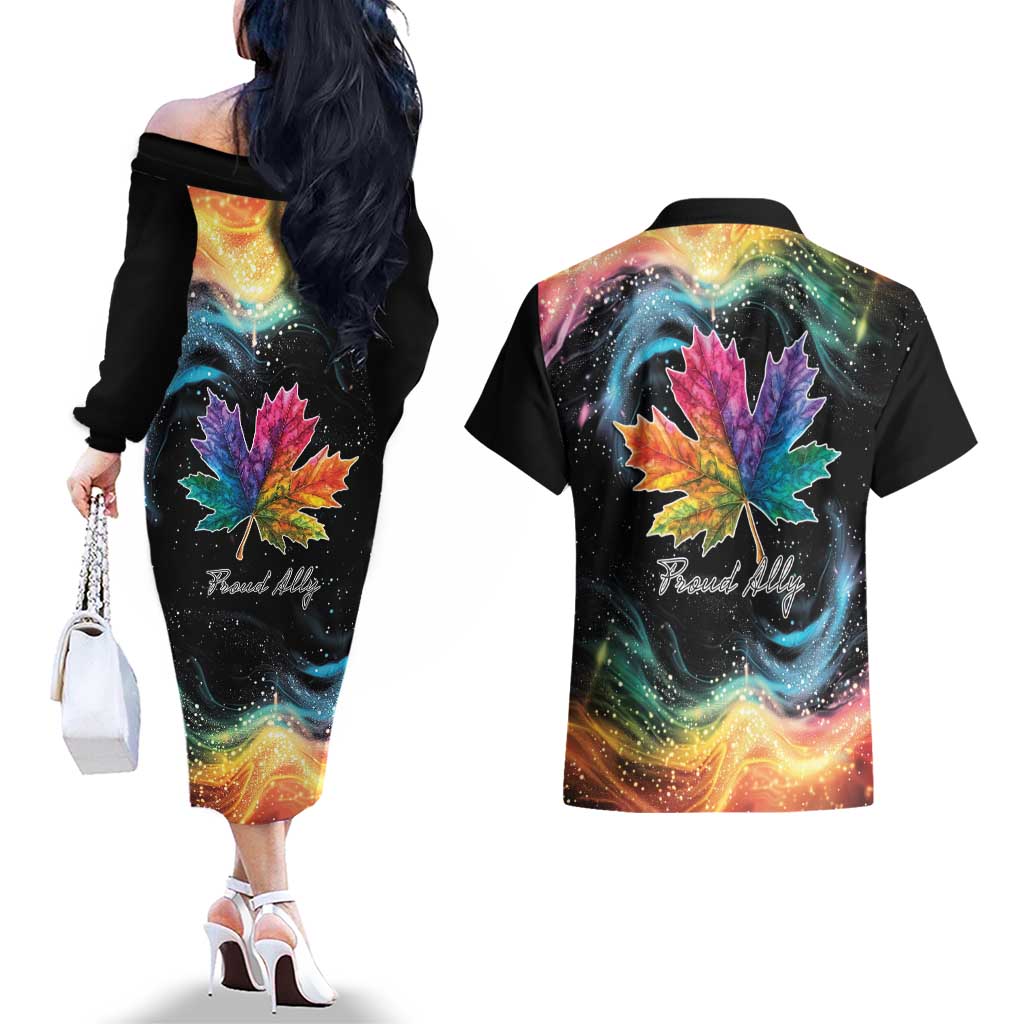 Rainbow Maple Leaf Couples Matching Off The Shoulder Long Sleeve Dress and Hawaiian Shirt Canada Pride Show Your Colors LT9 - Wonder Print Shop