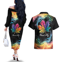 Rainbow Maple Leaf Couples Matching Off The Shoulder Long Sleeve Dress and Hawaiian Shirt Canada Pride Show Your Colors LT9 - Wonder Print Shop