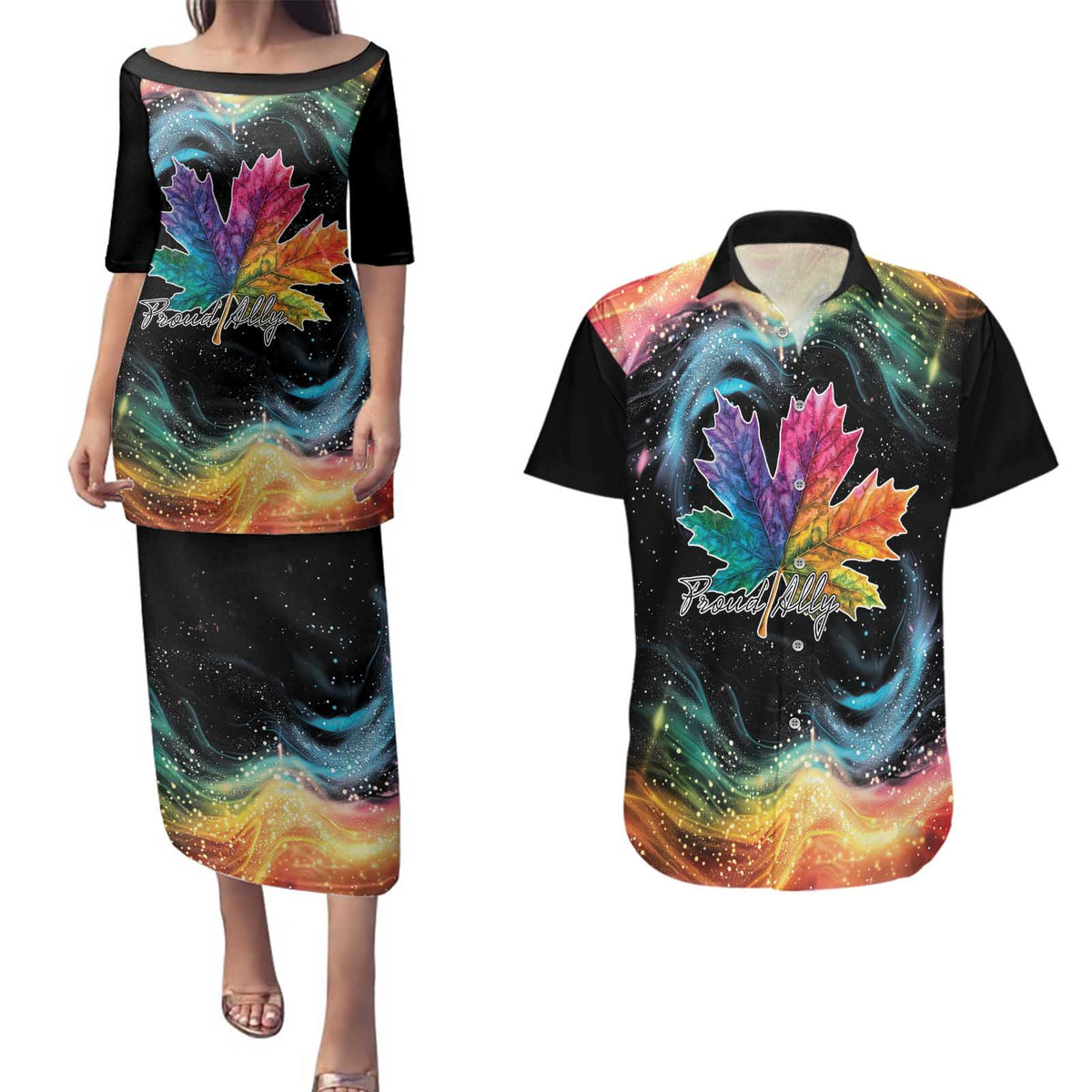 Rainbow Maple Leaf Couples Matching Puletasi and Hawaiian Shirt Canada Pride Show Your Colors LT9 - Wonder Print Shop