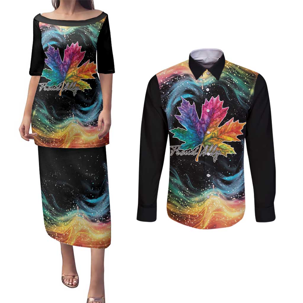 Rainbow Maple Leaf Couples Matching Puletasi and Long Sleeve Button Shirt Canada Pride Show Your Colors LT9 - Wonder Print Shop
