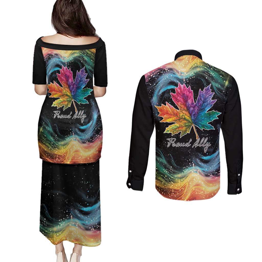Rainbow Maple Leaf Couples Matching Puletasi and Long Sleeve Button Shirt Canada Pride Show Your Colors LT9 - Wonder Print Shop