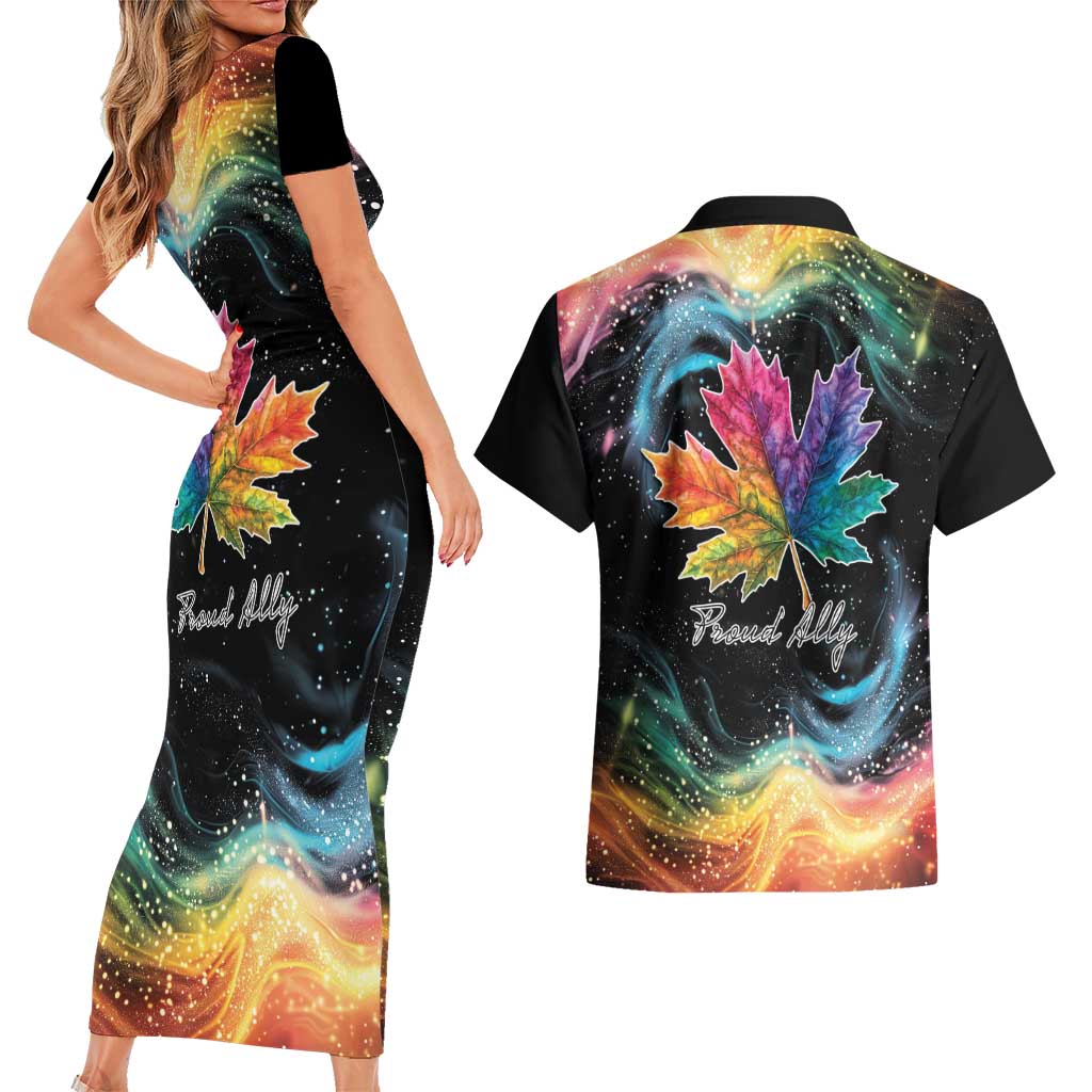 Rainbow Maple Leaf Couples Matching Short Sleeve Bodycon Dress and Hawaiian Shirt Canada Pride Show Your Colors LT9 - Wonder Print Shop