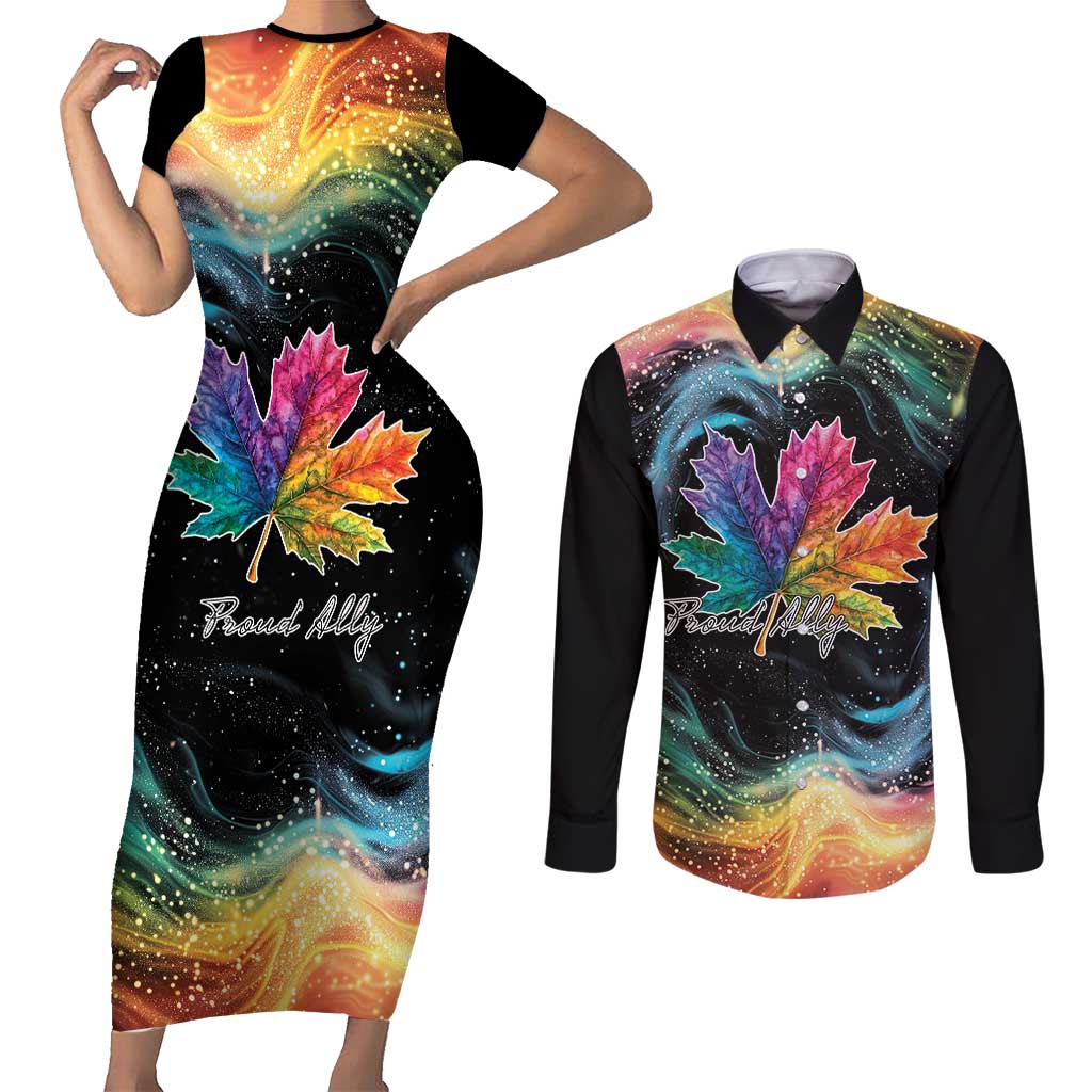 Rainbow Maple Leaf Couples Matching Short Sleeve Bodycon Dress and Long Sleeve Button Shirt Canada Pride Show Your Colors LT9 - Wonder Print Shop