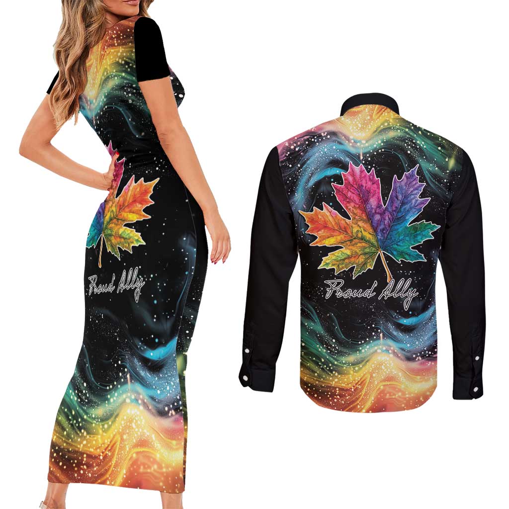 Rainbow Maple Leaf Couples Matching Short Sleeve Bodycon Dress and Long Sleeve Button Shirt Canada Pride Show Your Colors LT9 - Wonder Print Shop
