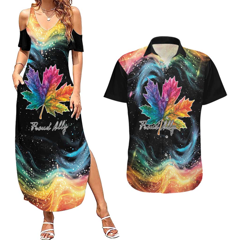 Rainbow Maple Leaf Couples Matching Summer Maxi Dress and Hawaiian Shirt Canada Pride Show Your Colors LT9 - Wonder Print Shop