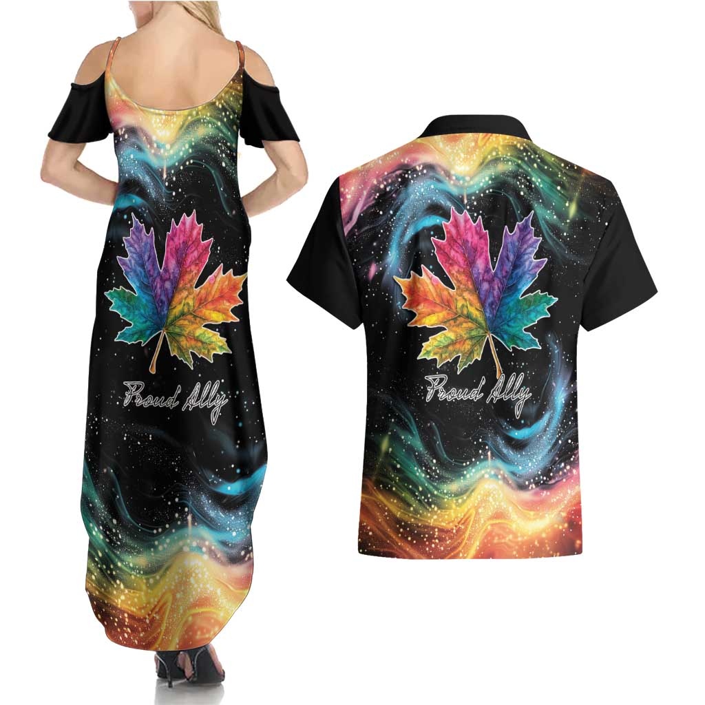Rainbow Maple Leaf Couples Matching Summer Maxi Dress and Hawaiian Shirt Canada Pride Show Your Colors LT9 - Wonder Print Shop