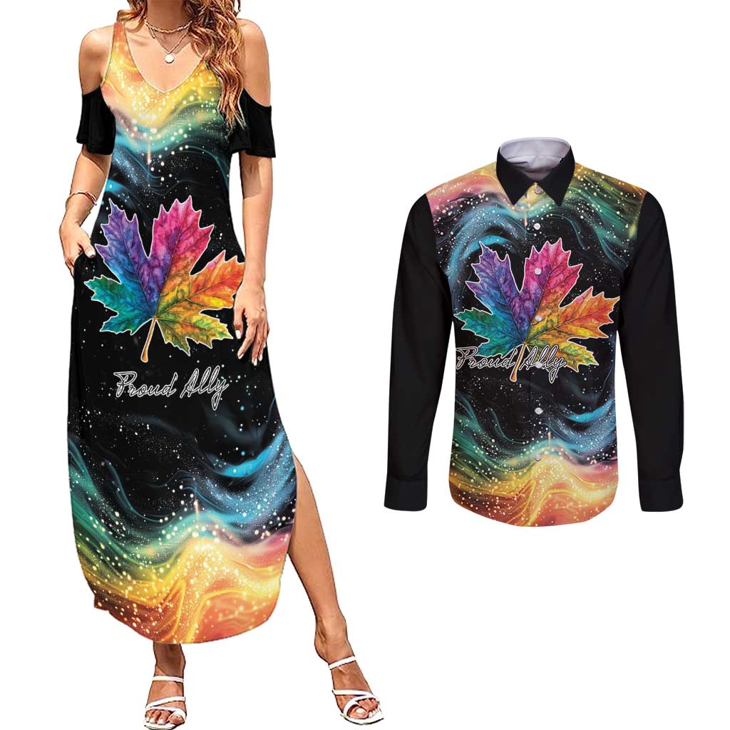 Rainbow Maple Leaf Couples Matching Summer Maxi Dress and Long Sleeve Button Shirt Canada Pride Show Your Colors LT9 - Wonder Print Shop