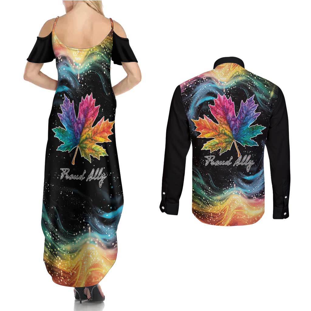 Rainbow Maple Leaf Couples Matching Summer Maxi Dress and Long Sleeve Button Shirt Canada Pride Show Your Colors LT9 - Wonder Print Shop