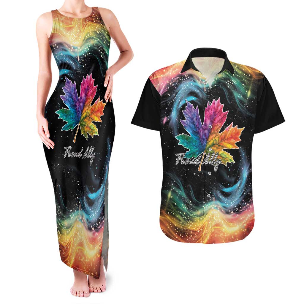 Rainbow Maple Leaf Couples Matching Tank Maxi Dress and Hawaiian Shirt Canada Pride Show Your Colors LT9 - Wonder Print Shop