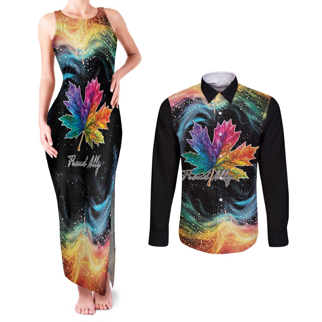 Rainbow Maple Leaf Couples Matching Tank Maxi Dress and Long Sleeve Button Shirt Canada Pride Show Your Colors LT9 - Wonder Print Shop