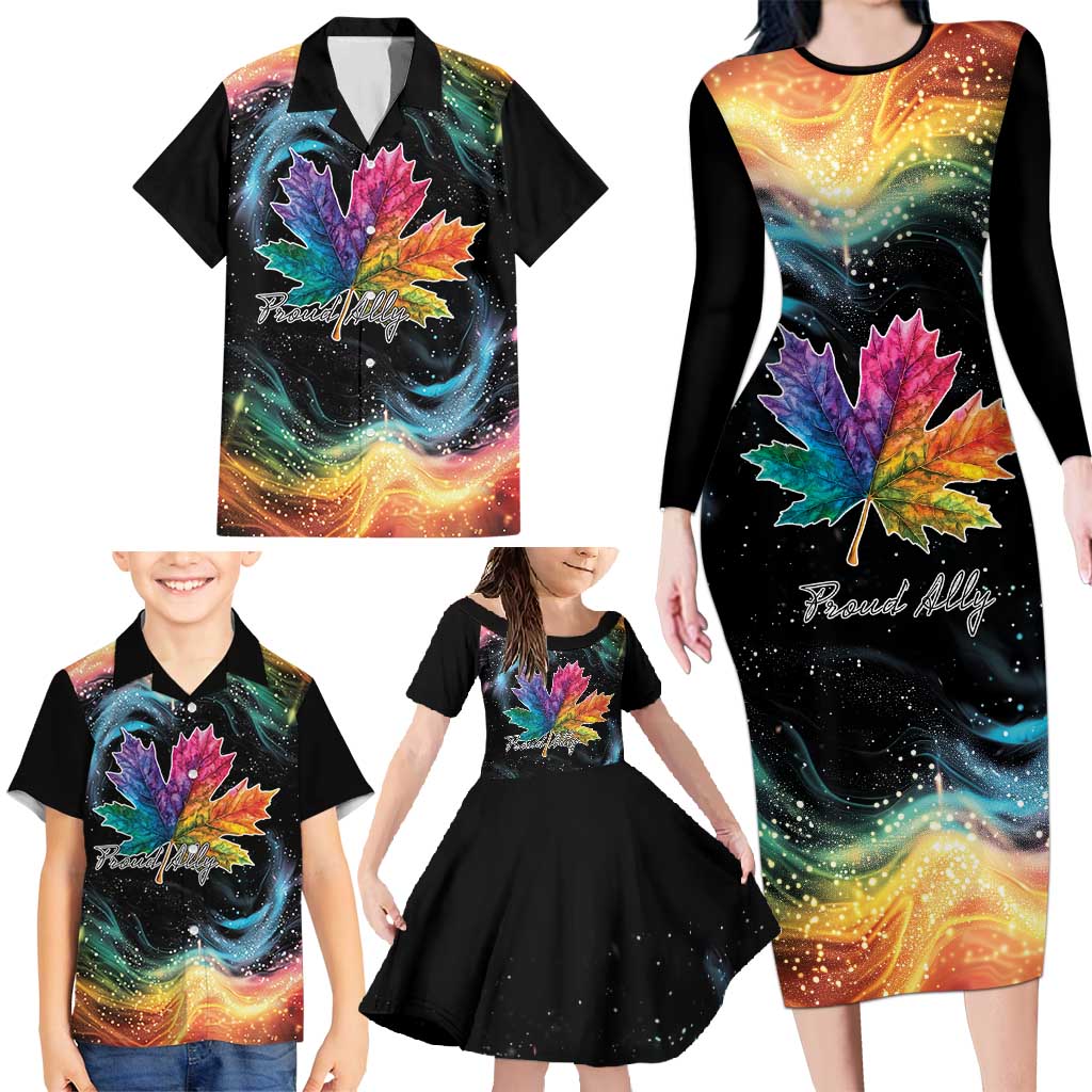 Rainbow Maple Leaf Family Matching Long Sleeve Bodycon Dress and Hawaiian Shirt Canada Pride Show Your Colors LT9 - Wonder Print Shop