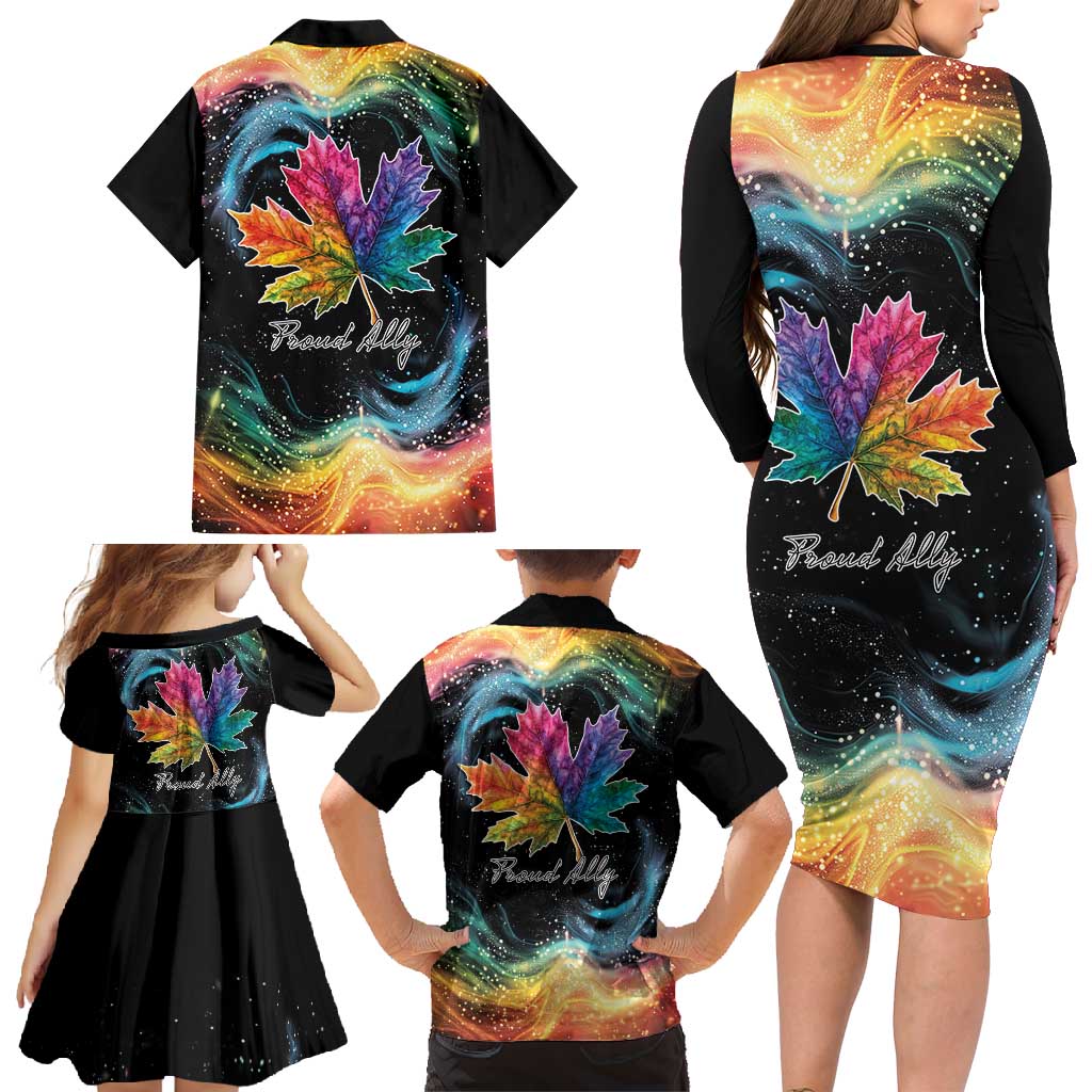 Rainbow Maple Leaf Family Matching Long Sleeve Bodycon Dress and Hawaiian Shirt Canada Pride Show Your Colors LT9 - Wonder Print Shop
