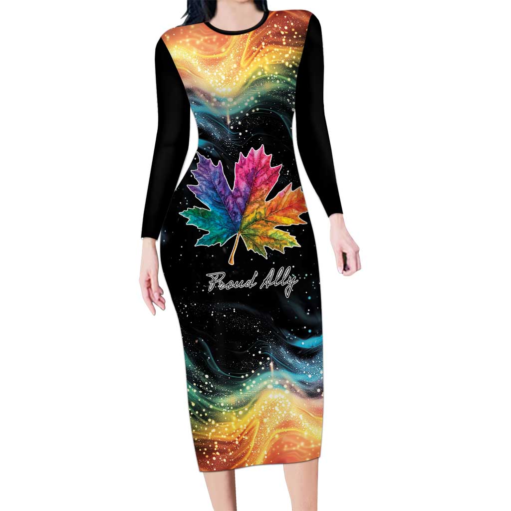 Rainbow Maple Leaf Family Matching Long Sleeve Bodycon Dress and Hawaiian Shirt Canada Pride Show Your Colors LT9 - Wonder Print Shop