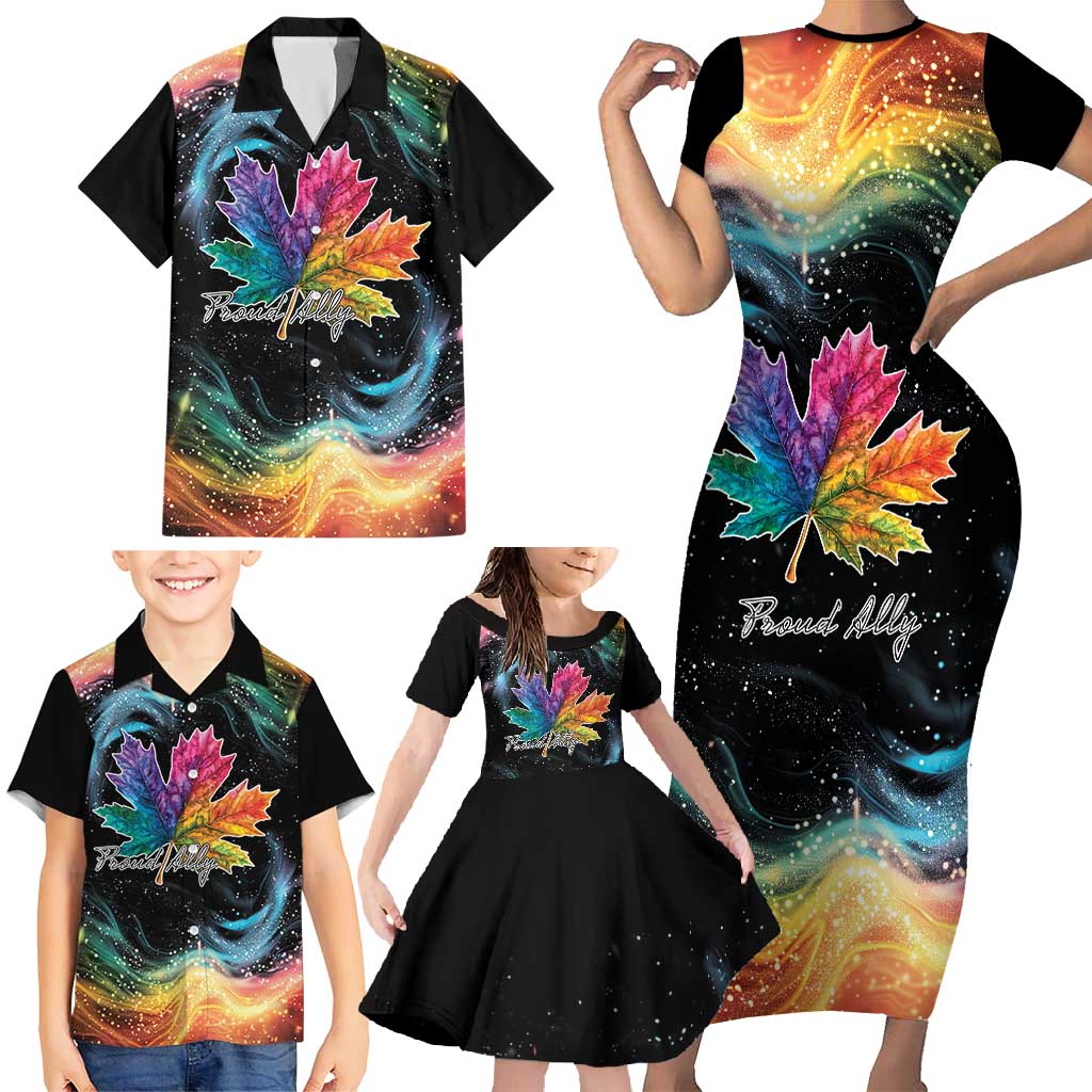 Rainbow Maple Leaf Family Matching Short Sleeve Bodycon Dress and Hawaiian Shirt Canada Pride Show Your Colors - Wonder Print Shop