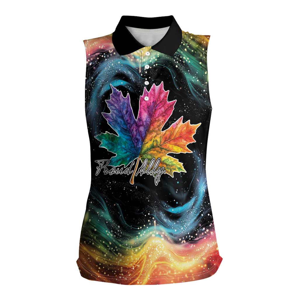 Rainbow Maple Leaf Women Sleeveless Polo Shirt Canada Pride Show Your Colors - Wonder Print Shop