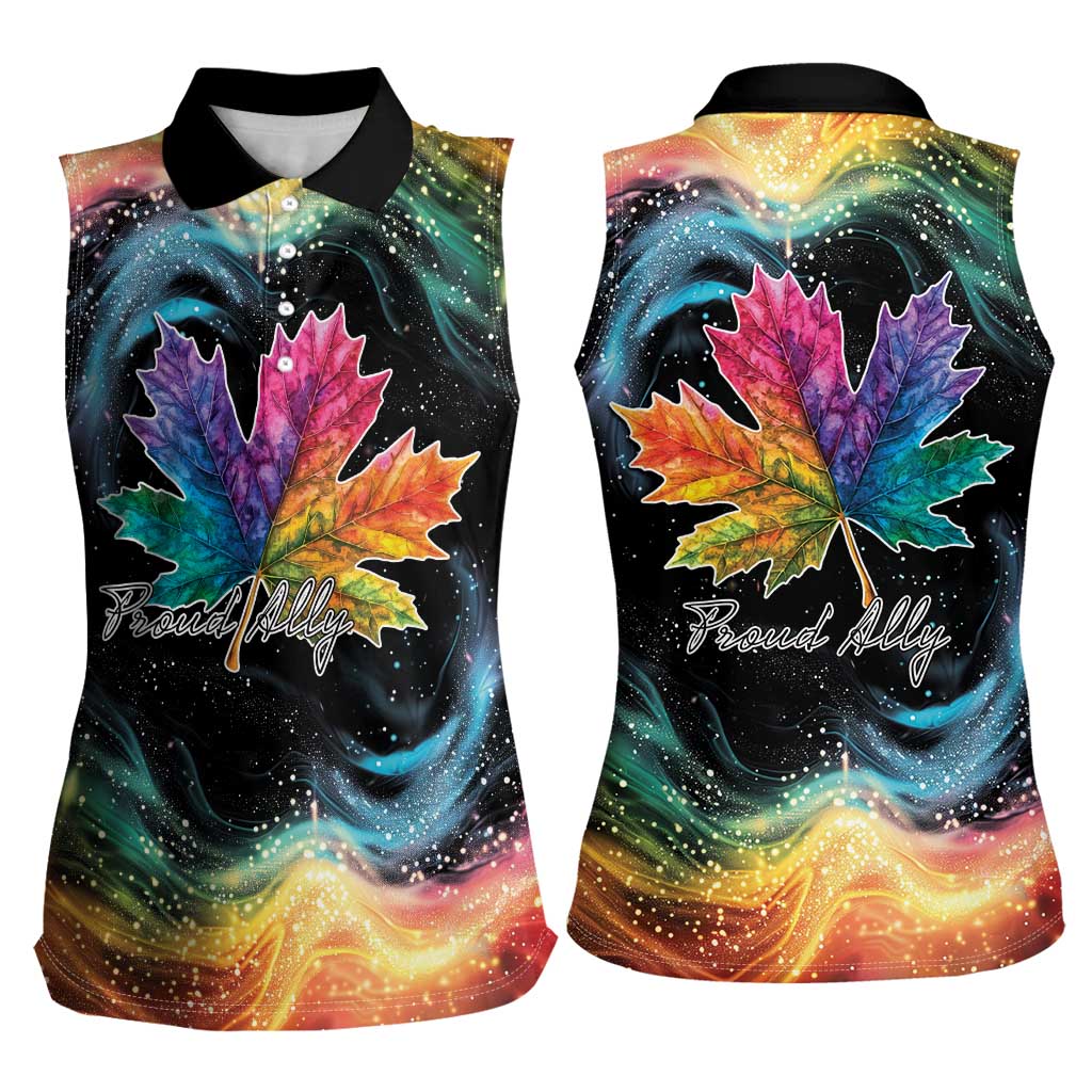 Rainbow Maple Leaf Women Sleeveless Polo Shirt Canada Pride Show Your Colors - Wonder Print Shop