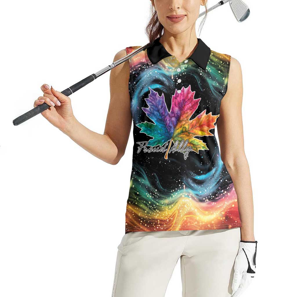 Rainbow Maple Leaf Women Sleeveless Polo Shirt Canada Pride Show Your Colors - Wonder Print Shop