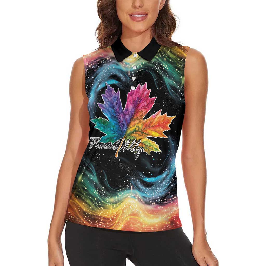 Rainbow Maple Leaf Women Sleeveless Polo Shirt Canada Pride Show Your Colors - Wonder Print Shop