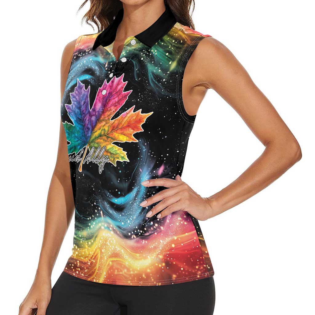 Rainbow Maple Leaf Women Sleeveless Polo Shirt Canada Pride Show Your Colors - Wonder Print Shop