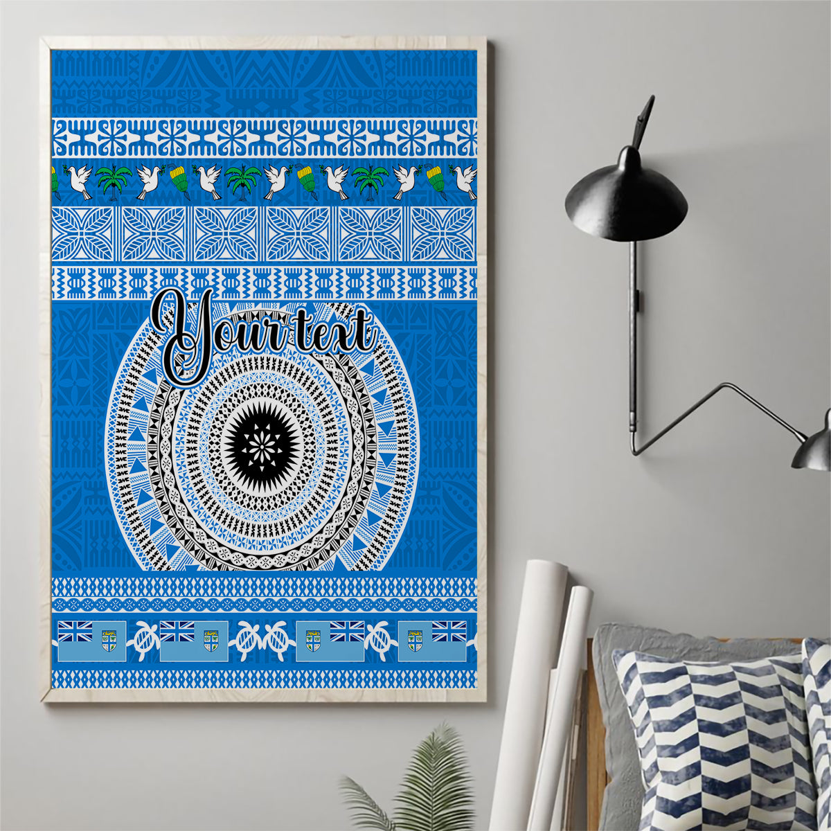Personalised Fiji Marau Na Kerisimasi Canvas Wall Art Merry Christmas Tapa Pattern Blue Style LT9 - Wonder Print Shop