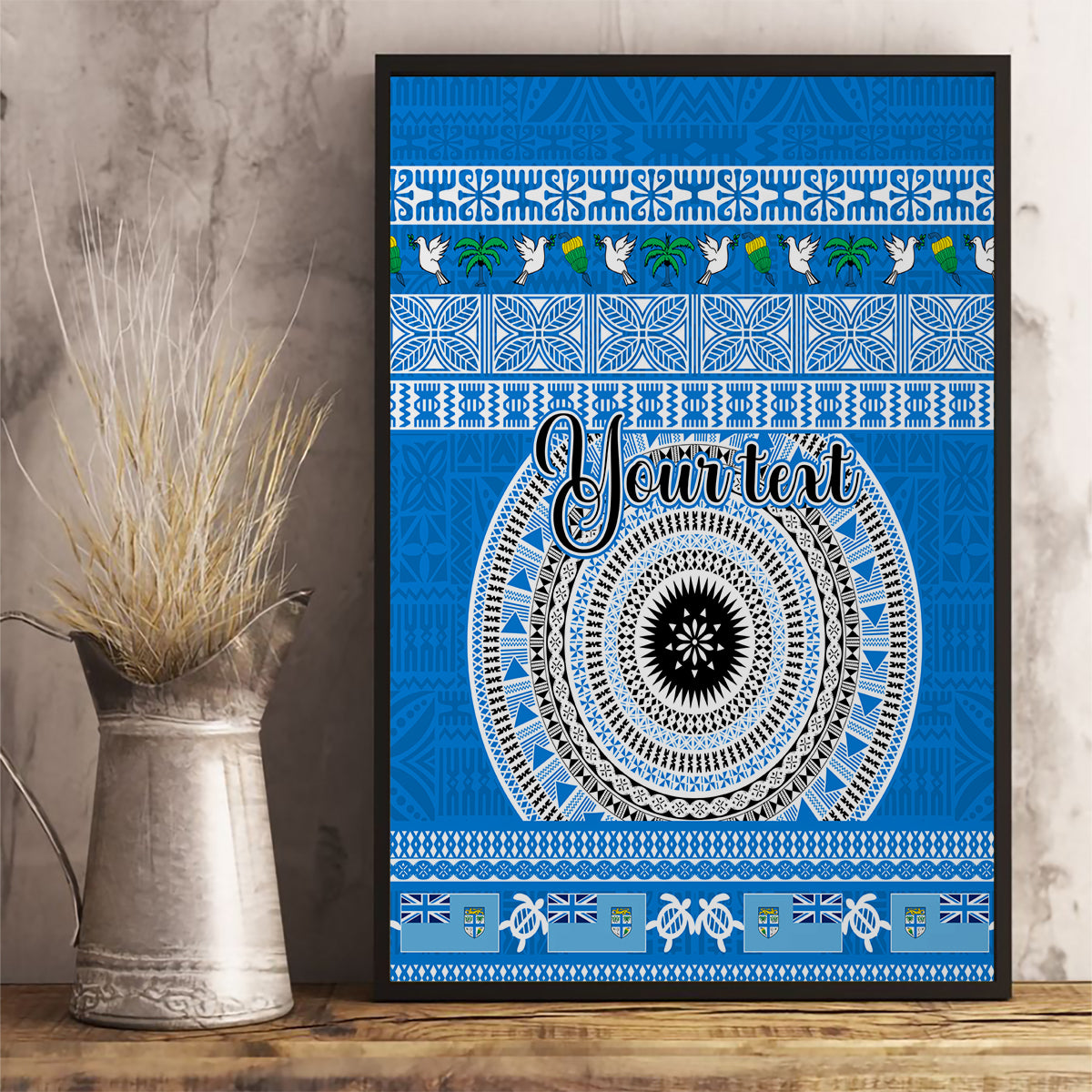 Personalised Fiji Marau Na Kerisimasi Canvas Wall Art Merry Christmas Tapa Pattern Blue Style LT9 - Wonder Print Shop