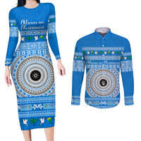Personalised Fiji Marau Na Kerisimasi Couples Matching Long Sleeve Bodycon Dress and Long Sleeve Button Shirt Merry Christmas Tapa Pattern Blue Style LT9 - Wonder Print Shop