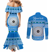 personalised-fiji-marau-na-kerisimasi-couples-matching-mermaid-dress-and-long-sleeve-button-shirt-merry-christmas-tapa-pattern-blue-style