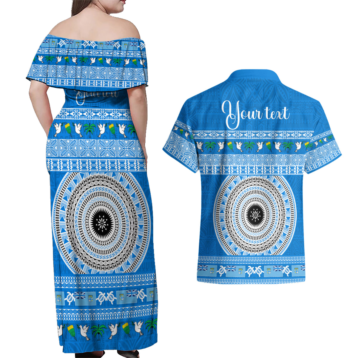 Personalised Fiji Marau Na Kerisimasi Couples Matching Off Shoulder Maxi Dress and Hawaiian Shirt Merry Christmas Tapa Pattern Blue Style LT9 - Wonder Print Shop