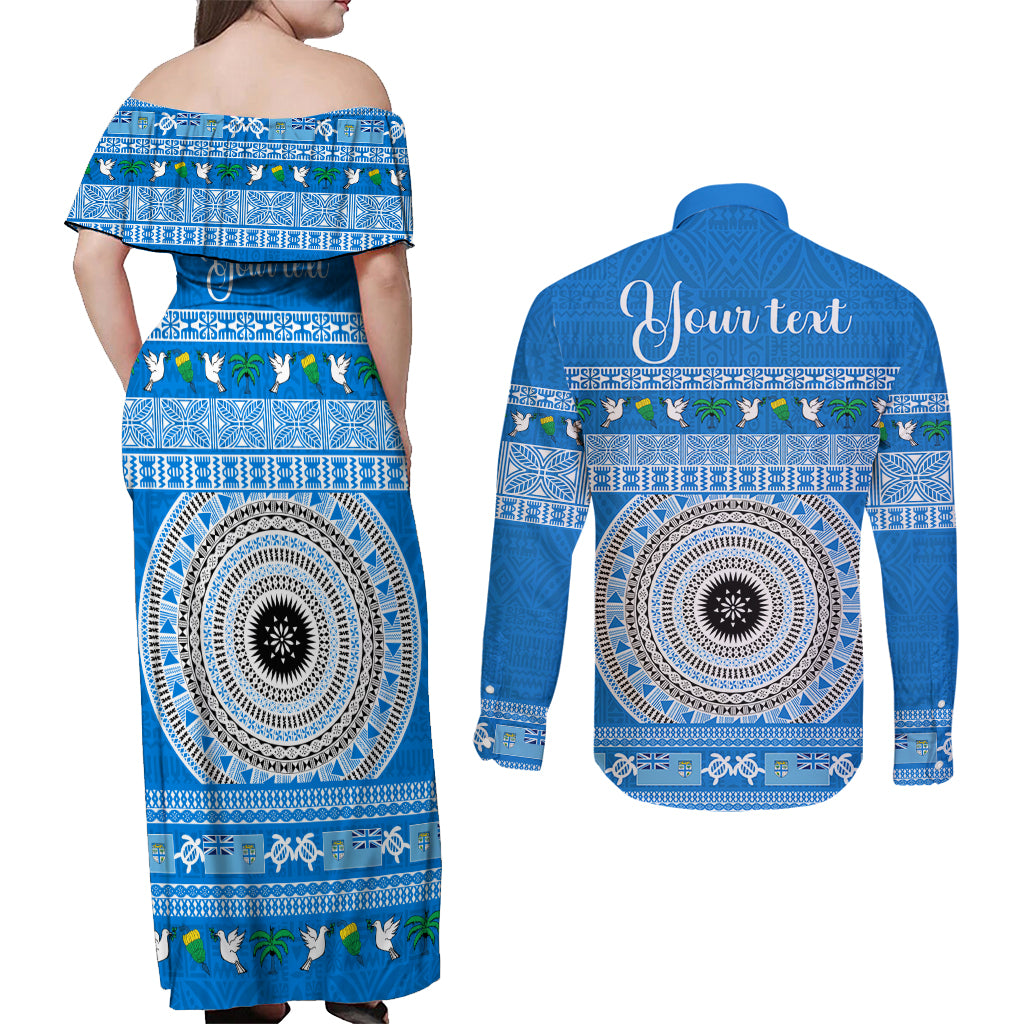 Personalised Fiji Marau Na Kerisimasi Couples Matching Off Shoulder Maxi Dress and Long Sleeve Button Shirt Merry Christmas Tapa Pattern Blue Style LT9 - Wonder Print Shop