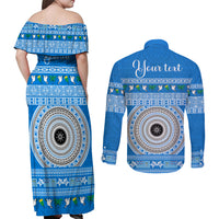 Personalised Fiji Marau Na Kerisimasi Couples Matching Off Shoulder Maxi Dress and Long Sleeve Button Shirt Merry Christmas Tapa Pattern Blue Style LT9 - Wonder Print Shop