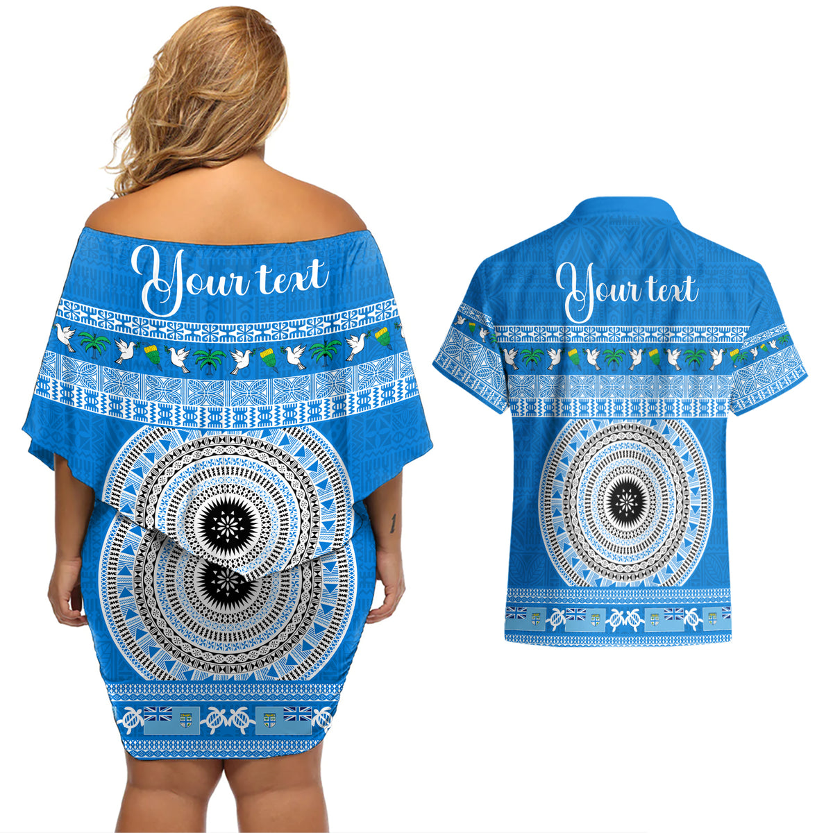 Personalised Fiji Marau Na Kerisimasi Couples Matching Off Shoulder Short Dress and Hawaiian Shirt Merry Christmas Tapa Pattern Blue Style LT9 - Wonder Print Shop