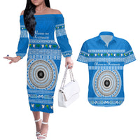 Personalised Fiji Marau Na Kerisimasi Couples Matching Off The Shoulder Long Sleeve Dress and Hawaiian Shirt Merry Christmas Tapa Pattern Blue Style LT9 - Wonder Print Shop