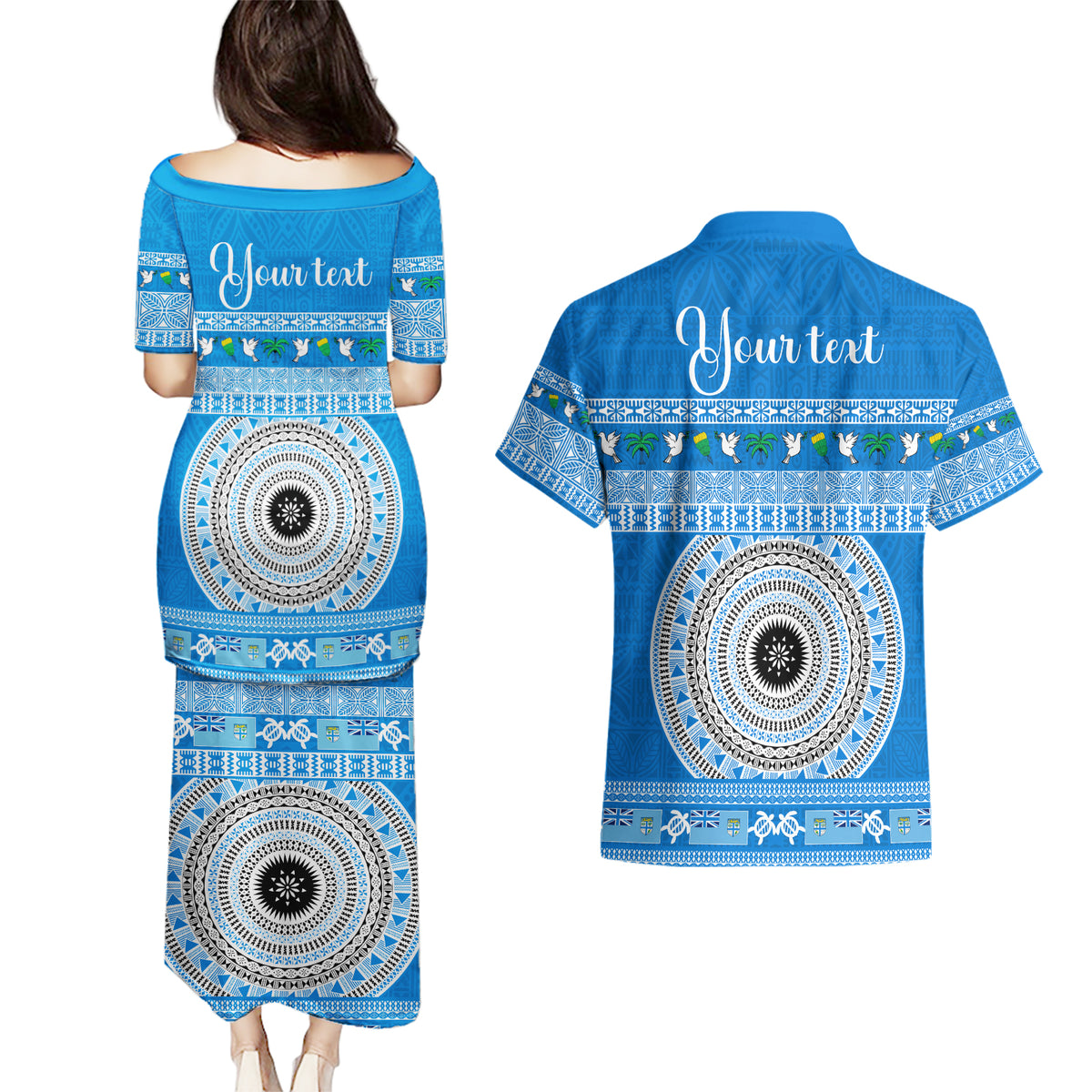 Personalised Fiji Marau Na Kerisimasi Couples Matching Puletasi Dress and Hawaiian Shirt Merry Christmas Tapa Pattern Blue Style LT9 - Wonder Print Shop