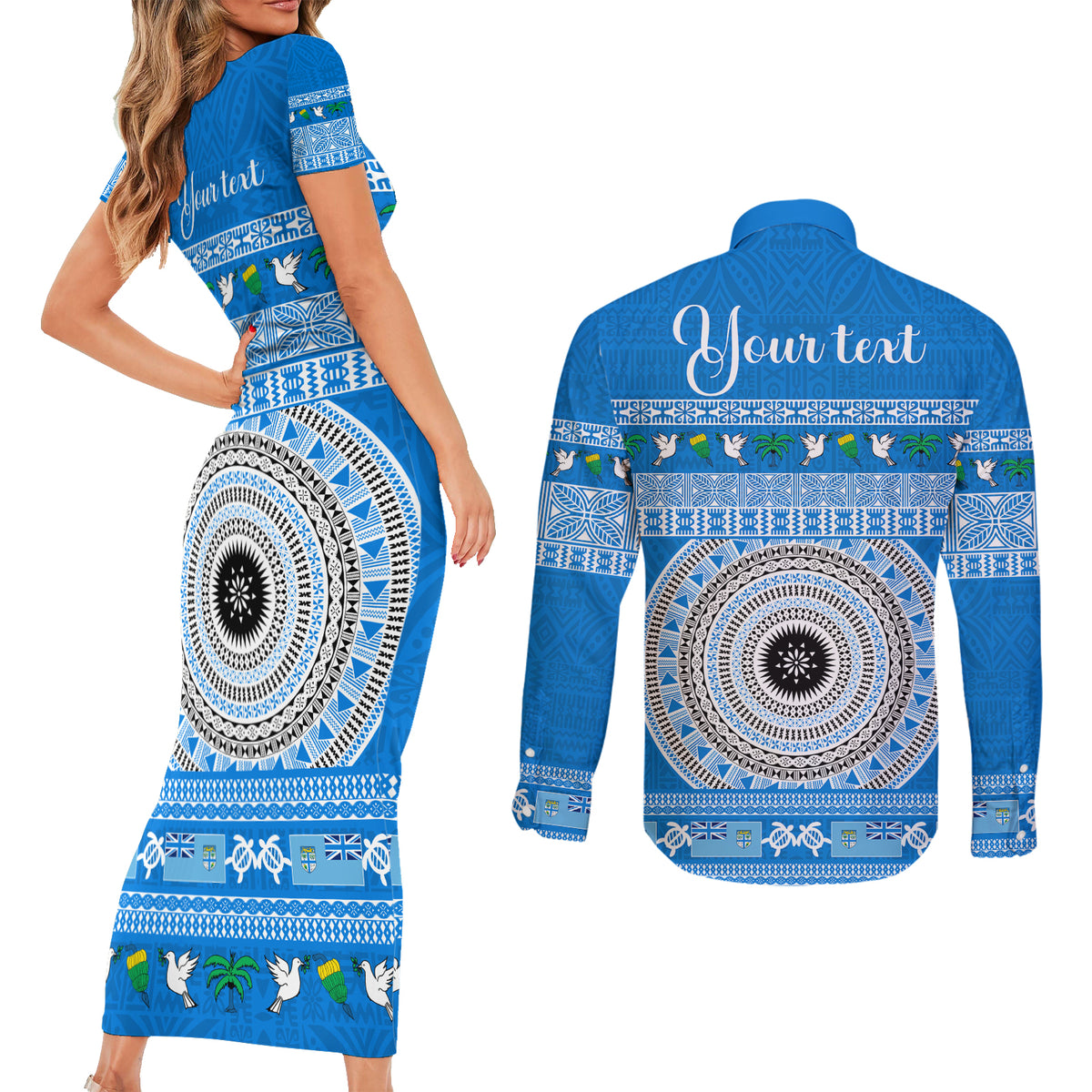 Personalised Fiji Marau Na Kerisimasi Couples Matching Short Sleeve Bodycon Dress and Long Sleeve Button Shirt Merry Christmas Tapa Pattern Blue Style LT9 - Wonder Print Shop