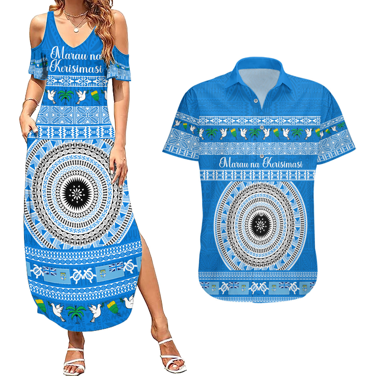 Personalised Fiji Marau Na Kerisimasi Couples Matching Summer Maxi Dress and Hawaiian Shirt Merry Christmas Tapa Pattern Blue Style LT9 - Wonder Print Shop