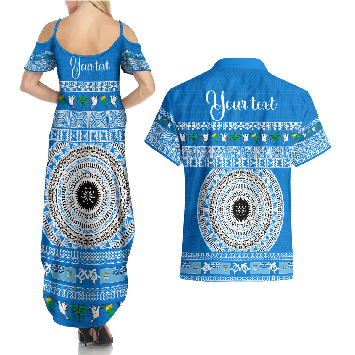 Personalised Fiji Marau Na Kerisimasi Couples Matching Summer Maxi Dress and Hawaiian Shirt Merry Christmas Tapa Pattern Blue Style LT9 - Wonder Print Shop