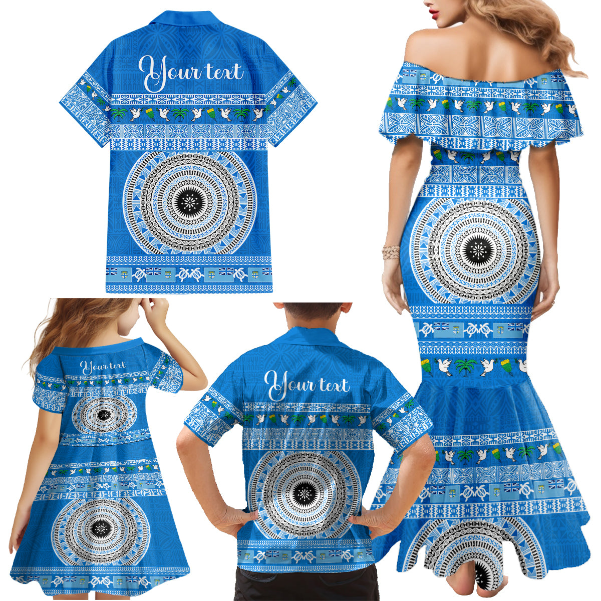 Personalised Fiji Marau Na Kerisimasi Family Matching Mermaid Dress and Hawaiian Shirt Merry Christmas Tapa Pattern Blue Style LT9 - Wonder Print Shop