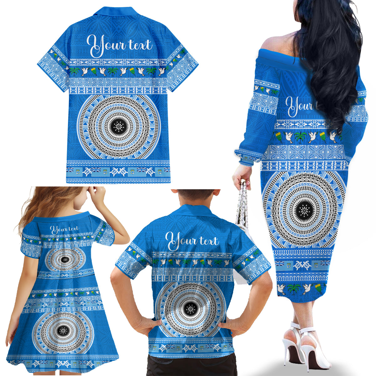 Personalised Fiji Marau Na Kerisimasi Family Matching Off Shoulder Long Sleeve Dress and Hawaiian Shirt Merry Christmas Tapa Pattern Blue Style - Wonder Print Shop